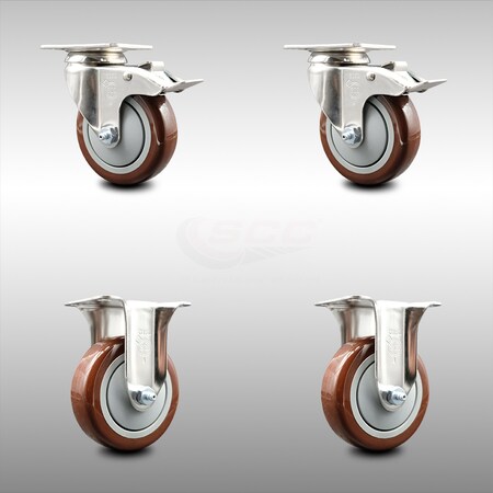 Service Caster 4 Inch 316SS Maroon Polyurethane Swivel Plate Caster Lock Brake 2 Rigid, 2PK SCC-SS316TTL20S414-PPUB-MRN-2-R-2